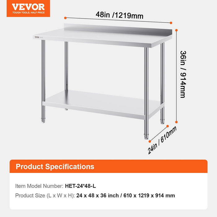 24 X 48 X 36 Inch Stainless Steel Work Table Commercial Food Prep Worktable Heavy Duty Prep Worktable Metal Work Table With Adjustable Height For Restaurant Home And Hotel