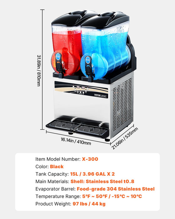 Commercial Frozen Drink Maker 15Lx2 Double Tank Slushy Machine 120 Cups Stainless Steel Margarita Smoothie Frozen Drink Machine Slushie Maker For Home Party Restaurants Cafe Bars