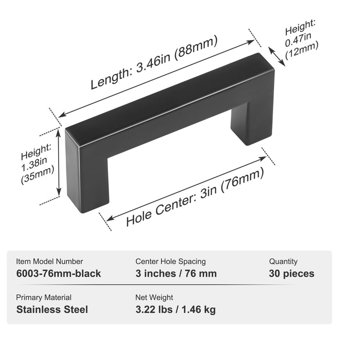 30 Pack Cabinet Pulls 3In / 76Mm Center To Center Slim Square Kitchen Cabinet Drawer Stainless Steel Modern Kitchen Cupboard Door Handles For Kitchen Bathroom Bar Hardware Matte Black