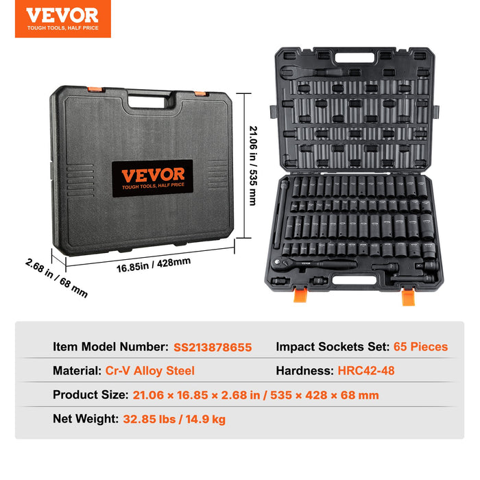 1 / 2 Inch Drive Impact Socket Set 65 Piece Socket Set Sae 3 / 8 Inch To 1-1 / 4 Inch And Metric 10-24Mm 6 Point Cr-V Alloy Steel For Auto Repair Rugged Construction Easy-To-Read Size Markings Storage Case