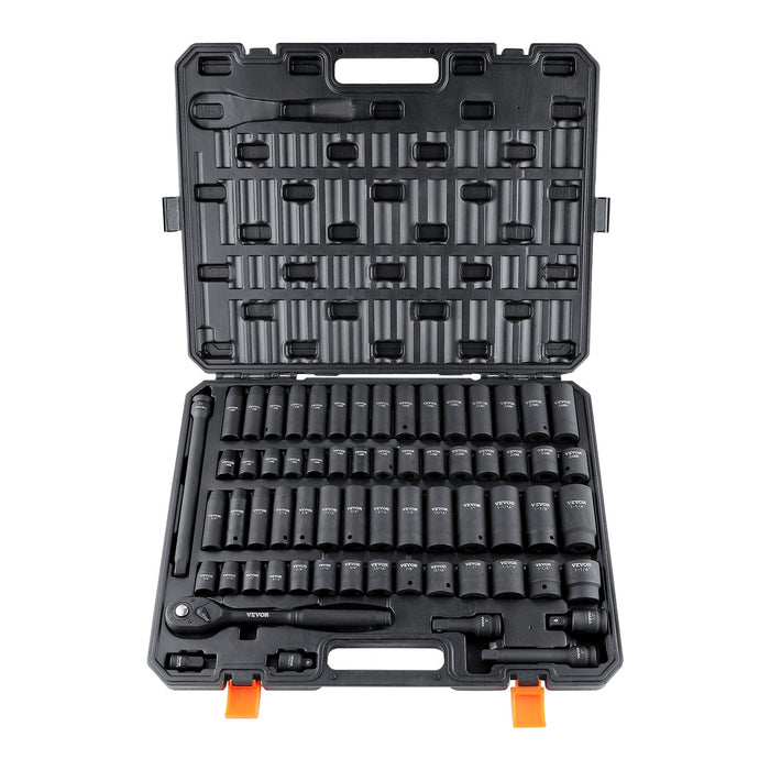 1 / 2 Inch Drive Impact Socket Set 65 Piece Socket Set Sae 3 / 8 Inch To 1-1 / 4 Inch And Metric 10-24Mm 6 Point Cr-V Alloy Steel For Auto Repair Rugged Construction Easy-To-Read Size Markings Storage Case
