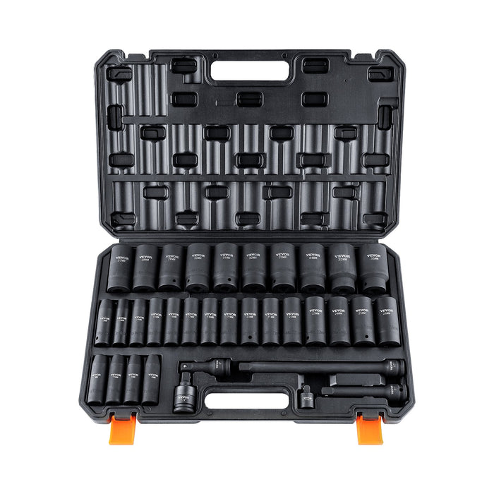 1 / 2" Drive Deep Impact Socket Set 34Pcs Socket Set Metric （8-36Mm） 6 Point Cr-Mo Alloy Steel For Auto Repair Rugged Construction Includes Heavy Duty Storage Case