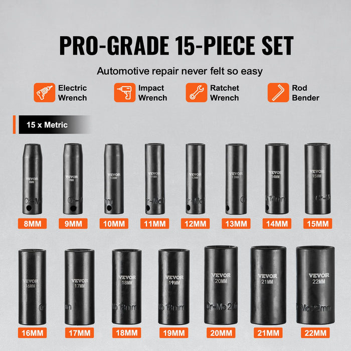 3 / 8" Drive Impact Socket Set 15 Piece Deep Socket Set Metric 8-22Mm 6 Point Cr-Mo Alloy Steel For Auto Repair Easy-To-Read Size Markings Rugged Construction Includes Storage Case