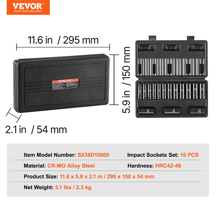 3 / 8" Drive Impact Socket Set 15 Piece Deep Socket Set Metric 8-22Mm 6 Point Cr-Mo Alloy Steel For Auto Repair Easy-To-Read Size Markings Rugged Construction Includes Storage Case