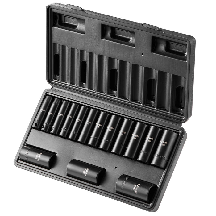 3 / 8" Drive Impact Socket Set 15 Piece Deep Socket Set Metric 8-22Mm 6 Point Cr-Mo Alloy Steel For Auto Repair Easy-To-Read Size Markings Rugged Construction Includes Storage Case