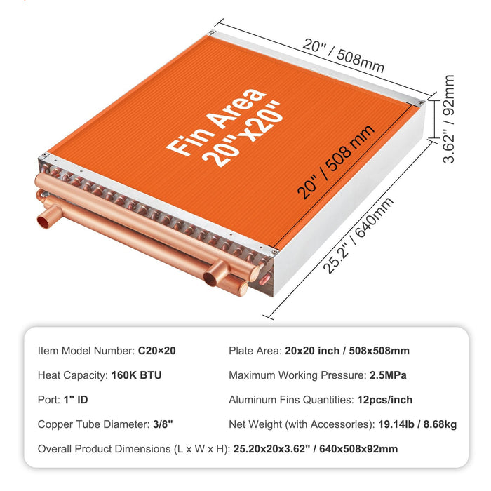 20"X 20" Heat Exchanger Water To Air 3-Row 3 / 8" Copper Ports 242 Fins