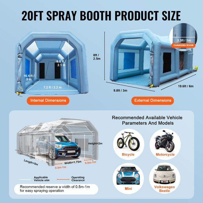 Inflatable Spray Booth Car Paint Tent 20X10X8Ft Filter System 2 Blowers