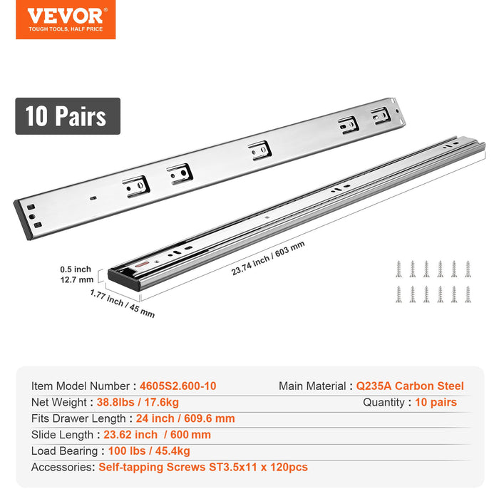 10 Pairs Of 609.6Mm Drawer Slides Side Mount Rails Heavy Duty Full Extension Steel Track Soft-Close Noiseless Guide Glides Cabinet Kitchen Runners With Ball Bearing 100 Lbs Load Capacity