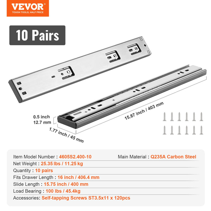 10 Pairs Of 406.4Mm Drawer Slides Side Mount Rails Heavy Duty Full Extension Steel Track Soft-Close Noiseless Guide Glides Cabinet Kitchen Runners With Ball Bearing 100 Lbs Load Capacity