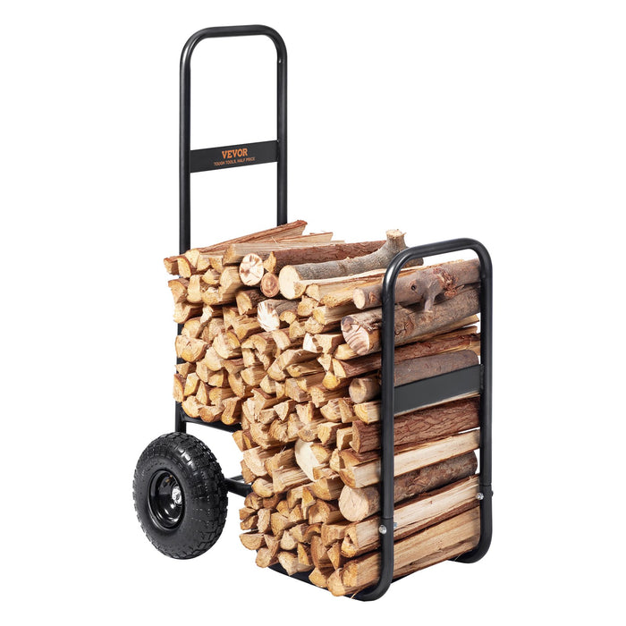 Firewood Log Cart 113 Kg Load Capacity Outdoor And Indoor Wood Rack Storage Mover With Pneumatic Rubber Wheels Heavy Duty Steel Dolly Hauler Firewood Carrier For Fireplace Fire Pit Black