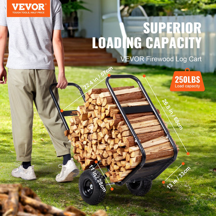 Firewood Log Cart 113 Kg Load Capacity Outdoor And Indoor Wood Rack Storage Mover With Pneumatic Rubber Wheels Heavy Duty Steel Dolly Hauler Firewood Carrier For Fireplace Fire Pit Black