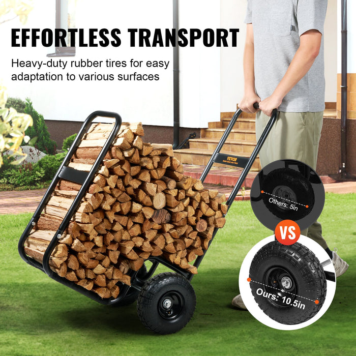 Firewood Log Cart 113 Kg Load Capacity Outdoor And Indoor Wood Rack Storage Mover With Pneumatic Rubber Wheels Heavy Duty Steel Dolly Hauler Firewood Carrier For Fireplace Fire Pit Black