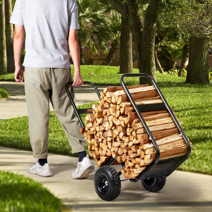 Firewood Log Cart 113 Kg Load Capacity Outdoor And Indoor Wood Rack Storage Mover With Pneumatic Rubber Wheels Heavy Duty Steel Dolly Hauler Firewood Carrier For Fireplace Fire Pit Black
