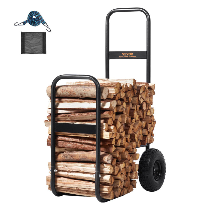 Firewood Log Cart 113 Kg Load Capacity Outdoor And Indoor Wood Rack Storage Mover With Pneumatic Rubber Wheels Heavy Duty Steel Dolly Hauler Firewood Carrier For Fireplace Fire Pit Black