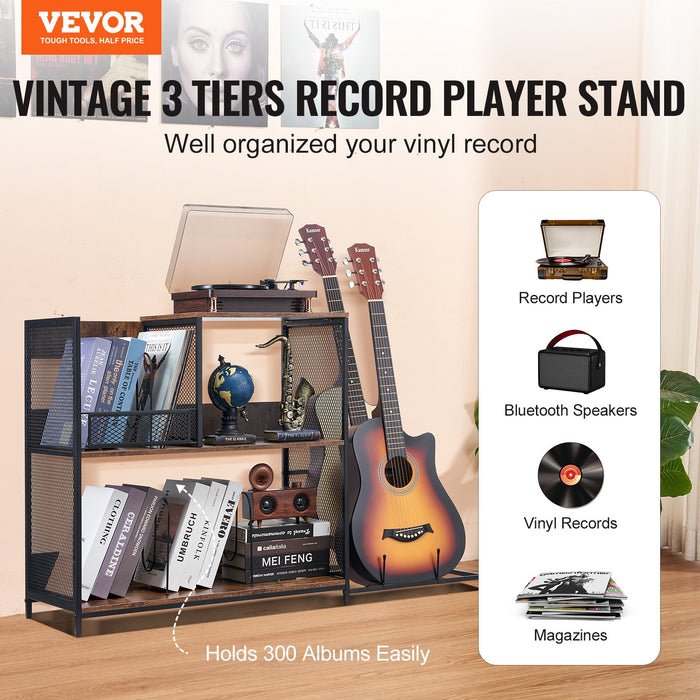 3-Tier Record Player Stand With Guitar Holder Turntable Stand With Storage Holds Up To 300 Albums Vinyl Record Cabinet With Metal Mesh Frame For Living Room Bedroom Black
