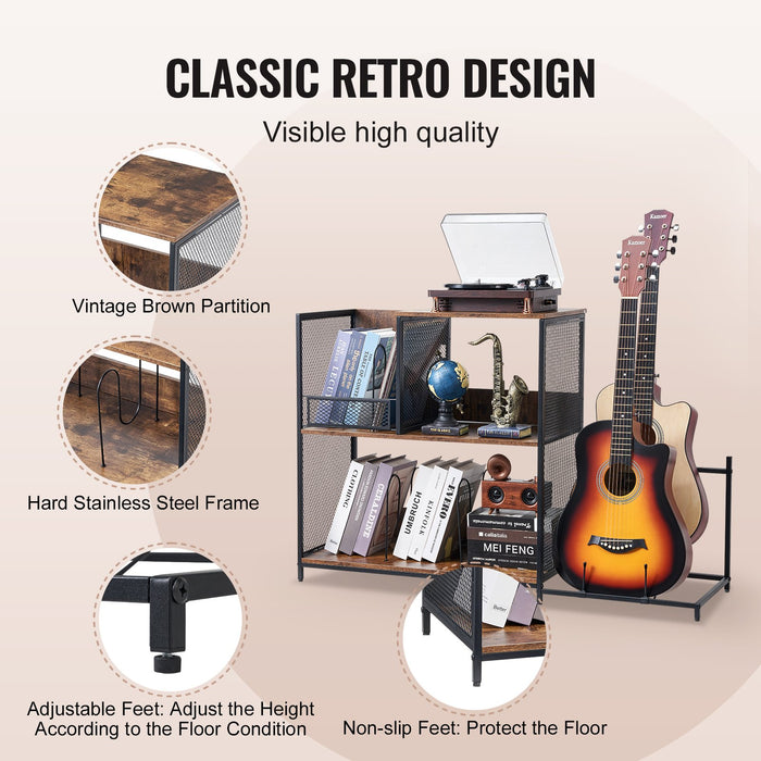 3-Tier Record Player Stand With Guitar Holder Turntable Stand With Storage Holds Up To 300 Albums Vinyl Record Cabinet With Metal Mesh Frame For Living Room Bedroom Black