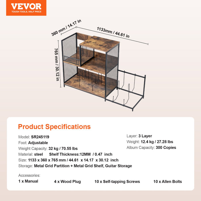 3-Tier Record Player Stand With Guitar Holder Turntable Stand With Storage Holds Up To 300 Albums Vinyl Record Cabinet With Metal Mesh Frame For Living Room Bedroom Black