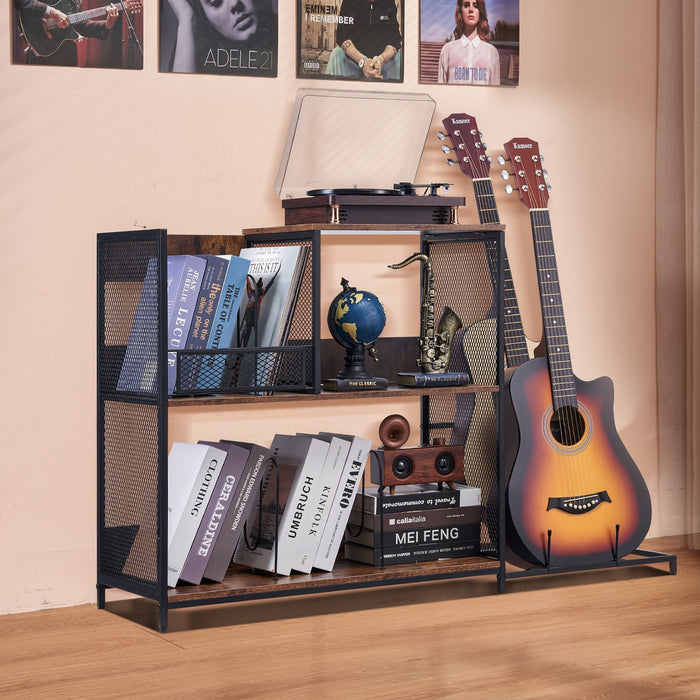 3-Tier Record Player Stand With Guitar Holder Turntable Stand With Storage Holds Up To 300 Albums Vinyl Record Cabinet With Metal Mesh Frame For Living Room Bedroom Black