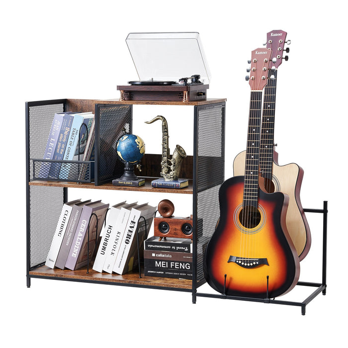 3-Tier Record Player Stand With Guitar Holder Turntable Stand With Storage Holds Up To 300 Albums Vinyl Record Cabinet With Metal Mesh Frame For Living Room Bedroom Black