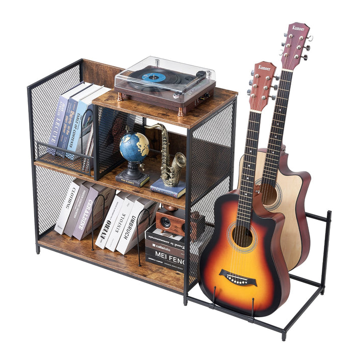 3-Tier Record Player Stand With Guitar Holder Turntable Stand With Storage Holds Up To 300 Albums Vinyl Record Cabinet With Metal Mesh Frame For Living Room Bedroom Black