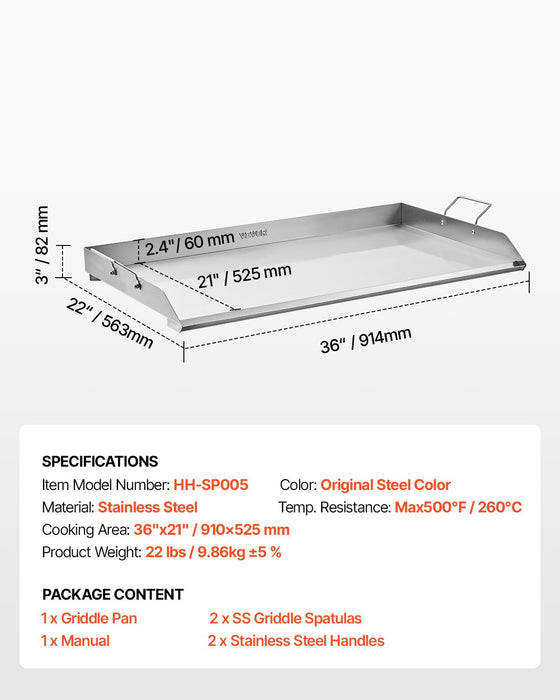 36X22 In Flat Top Griddle Stainless Steel Universal Bbq Grill Pan Cookware