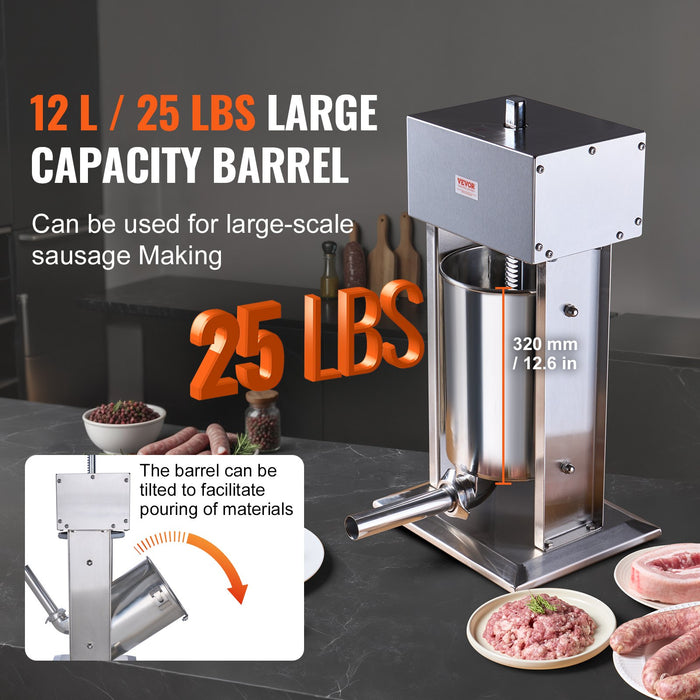 Electric Sausage Stuffer 12 L / 25 Lbs Vertical Meat Stuffer 200W Motor Stepless Speed Control And Foot Pedal Made Of Food-Grade 304 Stainless Steel 5 Stuffing Tubes For Home Commercial