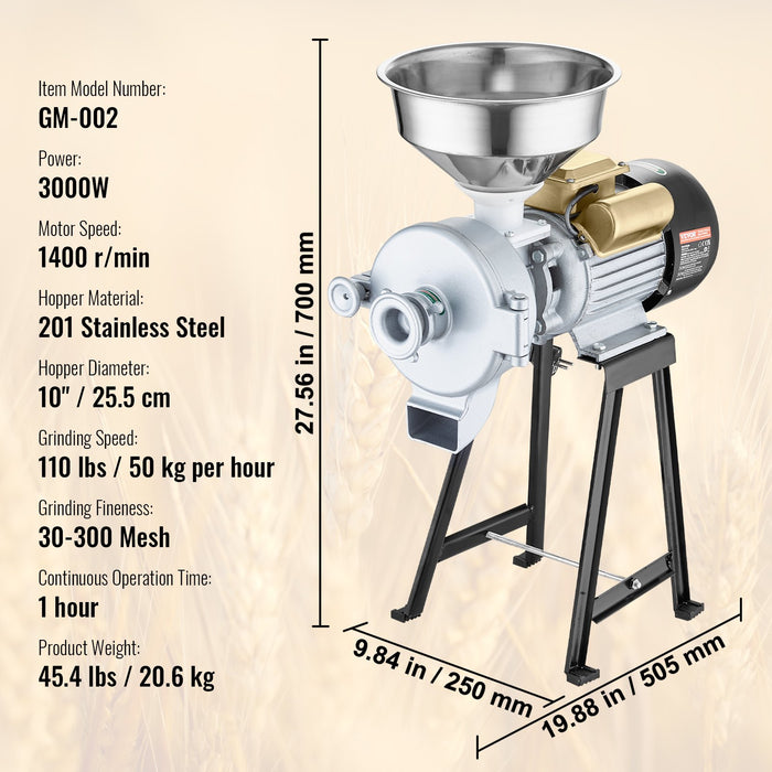 3000W Electric Grain Grinder Corn Wheat Flour Cereal Mill Wet & Dry