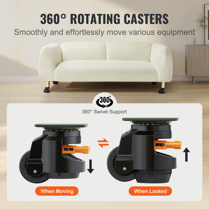Leveling Casters Set Of 4 1000 Kg Total Load Capacity 63.5 Mm Heavy Duty With Upgraded Handle Design 360 Degree Swivel Caster Wheels Adjustable Casters With Feet For Workbench Machine