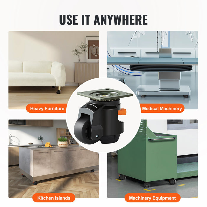 Leveling Casters Set Of 4 1000 Kg Total Load Capacity 63.5 Mm Heavy Duty With Upgraded Handle Design 360 Degree Swivel Caster Wheels Adjustable Casters With Feet For Workbench Machine