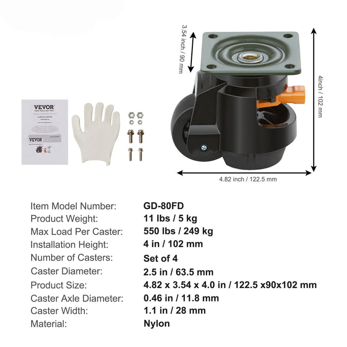 Leveling Casters Set Of 4 1000 Kg Total Load Capacity 63.5 Mm Heavy Duty With Upgraded Handle Design 360 Degree Swivel Caster Wheels Adjustable Casters With Feet For Workbench Machine