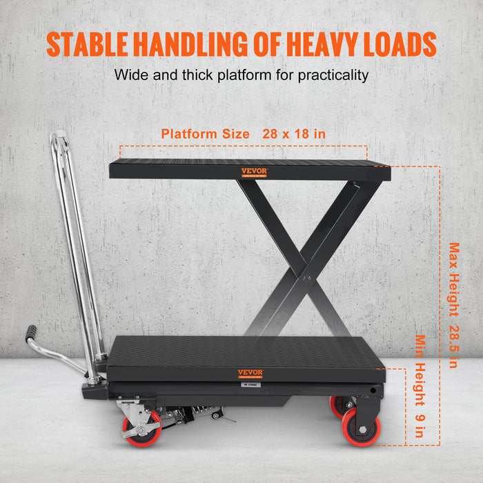 Hydraulic Lift Table Cart 330Lbs Capacity 28.5" Lifting Height Manual Single Scissor Lift Table With 4 Wheels And Non-Slip Pad Hydraulic Scissor Cart For Material Handling Black
