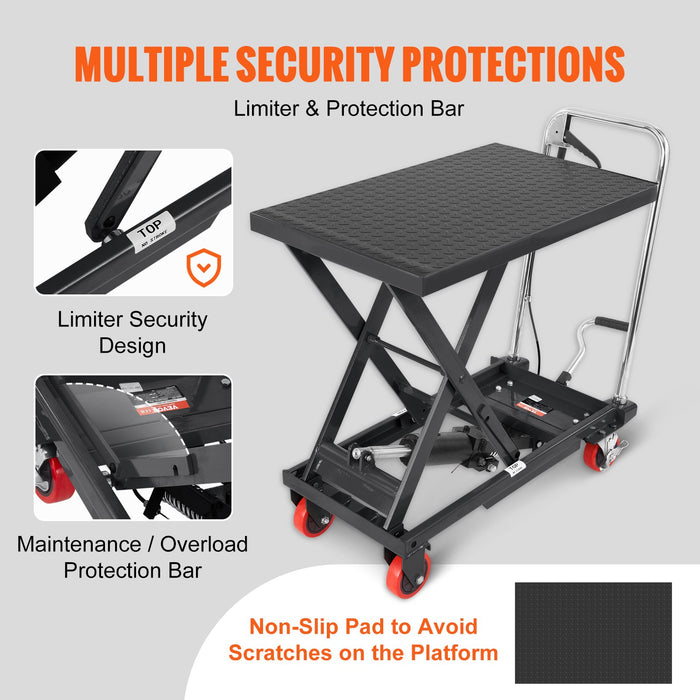 Hydraulic Lift Table Cart 330Lbs Capacity 28.5" Lifting Height Manual Single Scissor Lift Table With 4 Wheels And Non-Slip Pad Hydraulic Scissor Cart For Material Handling Black