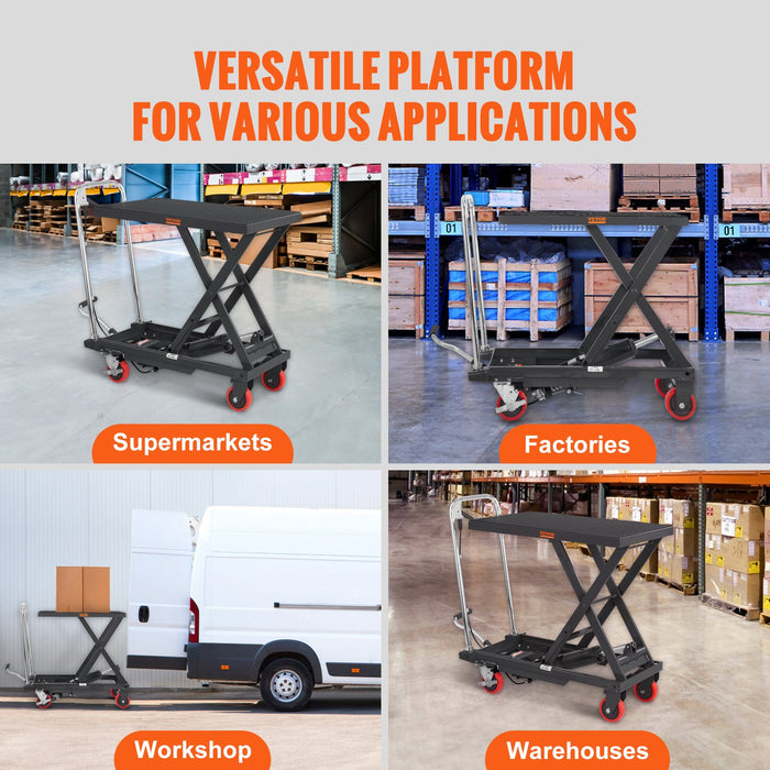 Hydraulic Lift Table Cart 330Lbs Capacity 28.5" Lifting Height Manual Single Scissor Lift Table With 4 Wheels And Non-Slip Pad Hydraulic Scissor Cart For Material Handling Black