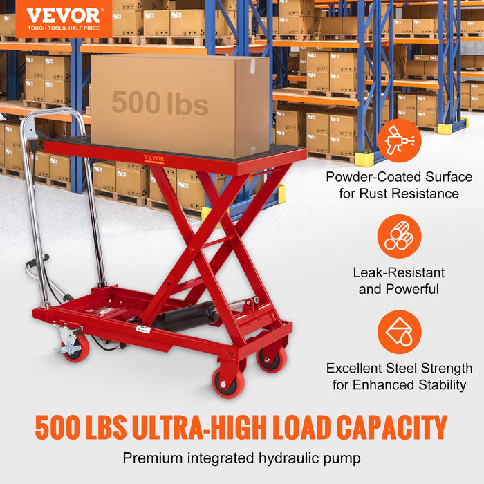 Hydraulic Lift Table Cart 330Lbs Capacity 28.5" Lifting Height Manual Single Scissor Lift Table With 4 Wheels And Non-Slip Pad Hydraulic Scissor Cart For Material Handling Red