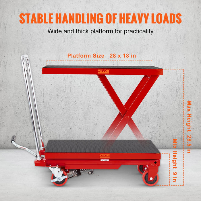 Hydraulic Lift Table Cart 330Lbs Capacity 28.5" Lifting Height Manual Single Scissor Lift Table With 4 Wheels And Non-Slip Pad Hydraulic Scissor Cart For Material Handling Red