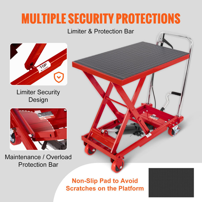 Hydraulic Lift Table Cart 330Lbs Capacity 28.5" Lifting Height Manual Single Scissor Lift Table With 4 Wheels And Non-Slip Pad Hydraulic Scissor Cart For Material Handling Red