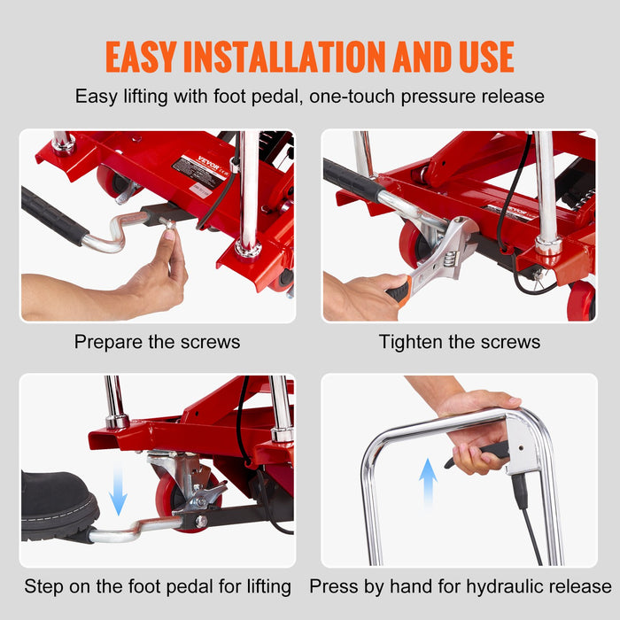 Hydraulic Lift Table Cart 330Lbs Capacity 28.5" Lifting Height Manual Single Scissor Lift Table With 4 Wheels And Non-Slip Pad Hydraulic Scissor Cart For Material Handling Red