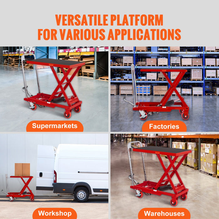 Hydraulic Lift Table Cart 330Lbs Capacity 28.5" Lifting Height Manual Single Scissor Lift Table With 4 Wheels And Non-Slip Pad Hydraulic Scissor Cart For Material Handling Red