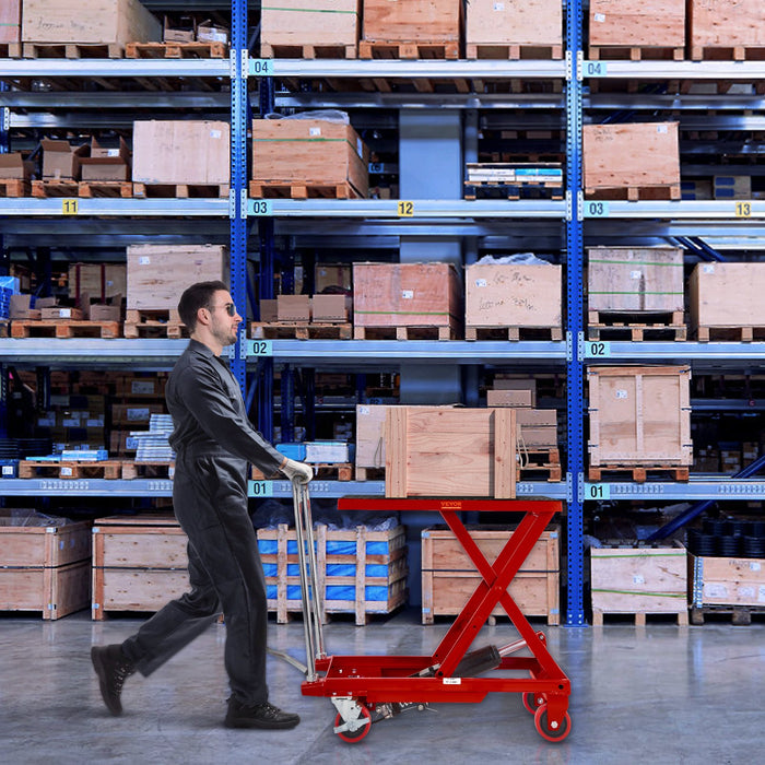 Hydraulic Lift Table Cart 330Lbs Capacity 28.5" Lifting Height Manual Single Scissor Lift Table With 4 Wheels And Non-Slip Pad Hydraulic Scissor Cart For Material Handling Red