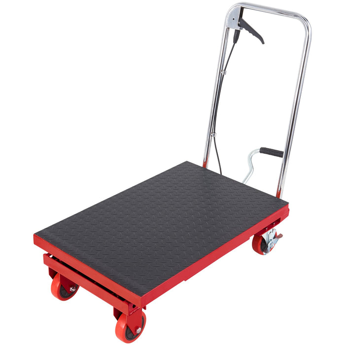 Hydraulic Lift Table Cart 330Lbs Capacity 28.5" Lifting Height Manual Single Scissor Lift Table With 4 Wheels And Non-Slip Pad Hydraulic Scissor Cart For Material Handling Red