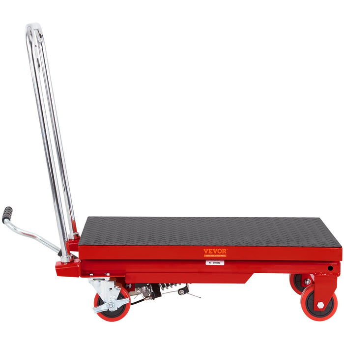 Hydraulic Lift Table Cart 330Lbs Capacity 28.5" Lifting Height Manual Single Scissor Lift Table With 4 Wheels And Non-Slip Pad Hydraulic Scissor Cart For Material Handling Red