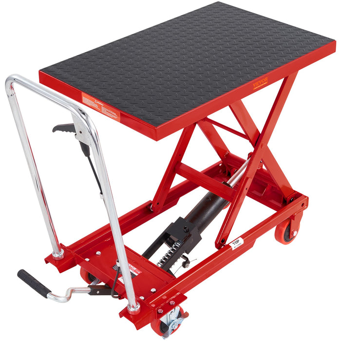 Hydraulic Lift Table Cart 330Lbs Capacity 28.5" Lifting Height Manual Single Scissor Lift Table With 4 Wheels And Non-Slip Pad Hydraulic Scissor Cart For Material Handling Red