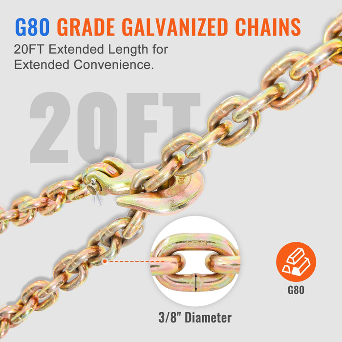 Ratchet Chain Binder 2Pcs 0.9-1.2 Cm Heavy Duty Load Binders With G80 Chains 5443 Kg Secure Load Limit Labor-Saving Anti-Skid Handle Tie Down Hauling Chain Binders For Flatbed Truck Trailer