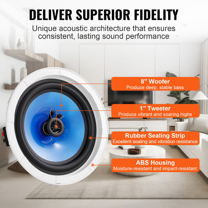 2 Pcs 203.2 Mm In Ceiling Speakers 50-Watts Flush Mount Ceiling & In-Wall Speakers System With Impedance 89Db Sensitivity For Home Kitchen Living Room Bedroom Or Covered Outdoor Porches