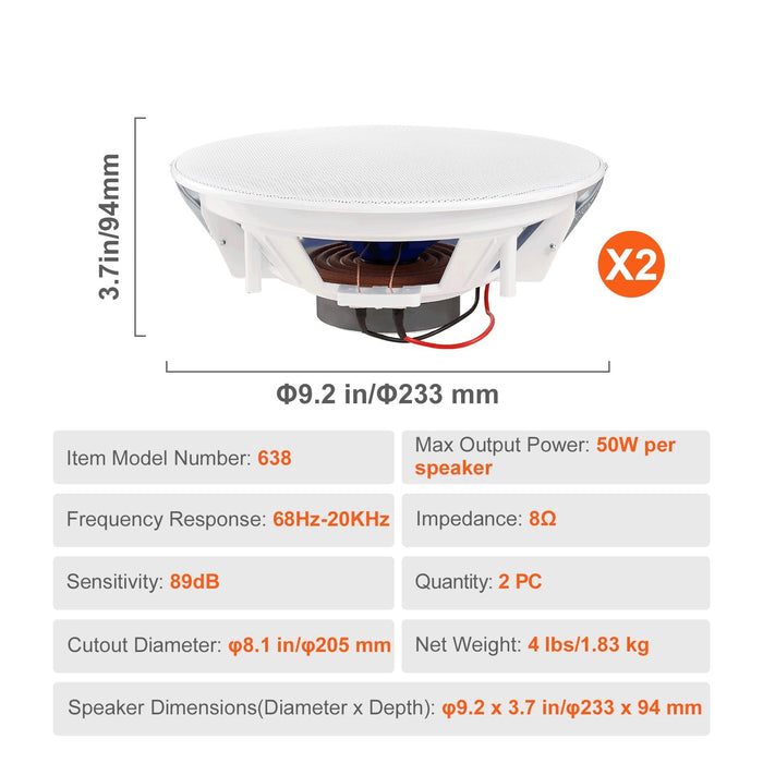 2 Pcs 203.2 Mm In Ceiling Speakers 50-Watts Flush Mount Ceiling & In-Wall Speakers System With Impedance 89Db Sensitivity For Home Kitchen Living Room Bedroom Or Covered Outdoor Porches
