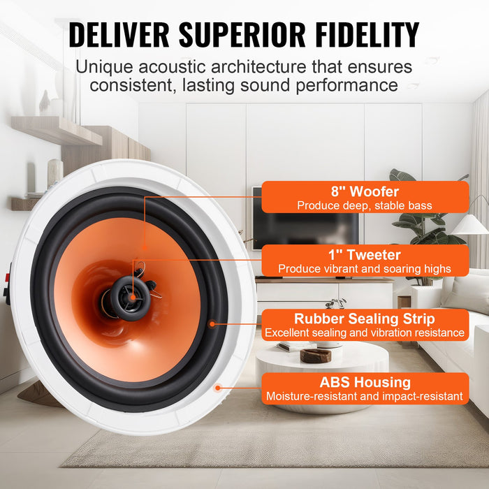 4 Pcs 203.2 Mm In Ceiling Speakers 100-Watts Flush Mount Ceiling & In-Wall Speakers System With 8Ωimpedance 89Db Sensitivity For Home Kitchen Living Room Bedroom Or Covered Outdoor Porches