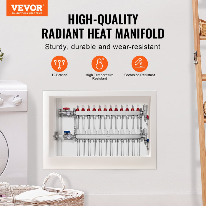 12-Branch Radiant Heat Manifold 1 / 2" Pex Tubing Manifold Stainless Steel Pex Manifold For Hydronic Radiant Floor Heating Radiant Heat Pex Manifold Kit With 1 / 2" Adapters Included