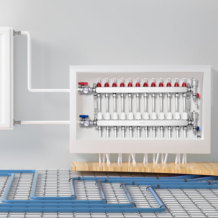 12-Branch Radiant Heat Manifold 1 / 2" Pex Tubing Manifold Stainless Steel Pex Manifold For Hydronic Radiant Floor Heating Radiant Heat Pex Manifold Kit With 1 / 2" Adapters Included