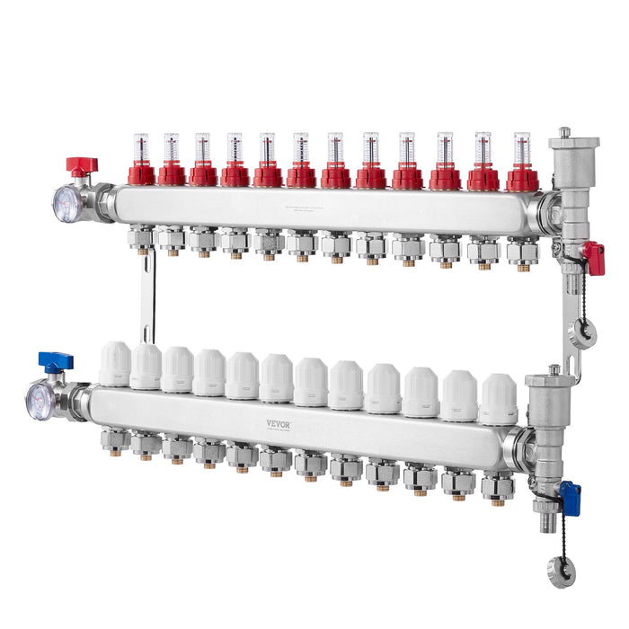12-Branch Radiant Heat Manifold 1 / 2" Pex Tubing Manifold Stainless Steel Pex Manifold For Hydronic Radiant Floor Heating Radiant Heat Pex Manifold Kit With 1 / 2" Adapters Included