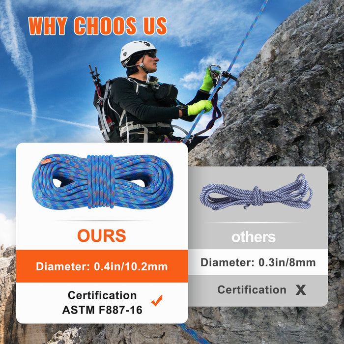 10.2Mm Dynamic Climbing Rope 50M 164Ft Outdoor Rock Climbing Rope 25Kn Breaking Tension Stretchable Fiber Rope With Steel Snap Hooks For Escape Rappelling Fire Rescue Blue